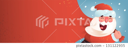 Santa bag banner. Claus carrying bag with christmas gifts sale banner header text letter merry xmas happy new year winter holiday red greeting background classy vector illustration Santa bag banner. Claus carrying bag with christmas gifts sale banner header text letter merry xmas happy new year winter holiday red greeting background classy vector illustration 131122935