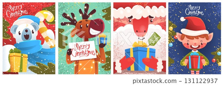 Christmas characters cards. Xmas cartoon santa claus cute character with gift, noel elf presenting candy eve winter holiday new year mascot post posters, classy vector illustration Christmas characters cards. Xmas cartoon santa claus cute character with gift, noel elf presenting candy eve winter holiday new year mascot post posters, classy vector illustration 131122937