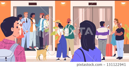 People waiting elevator. Crowd man woman wait line to lift inside lobby hall office building interior, employee group person stand queue door lifts gate, classy vector illustration People waiting elevator. Crowd man woman wait line to lift inside lobby hall office building interior, employee group person stand queue door lifts gate, classy vector illustration 131122941