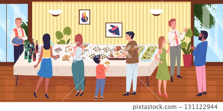 Hotel buffet. Smorgasbord in restaurant, people at dining table catering all inclusive service breakfast food wedding party business banquet cafe event, classy vector illustration Hotel buffet. Smorgasbord in restaurant, people at dining table catering all inclusive service breakfast food wedding party business banquet cafe event, classy vector illustration 131122944