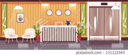 Hotel reception interior. Receptionist information desk, empty lobby hall indoor luxury hostel office hallway area cartoon background secretary counter, classy vector illustration 131122945