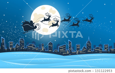 Santa riding reindeer. Claus sleigh silhouette fly deer in winter city sky moon, noel christmas character sledge night xmas new year cartoon background, classy vector illustration 131122953