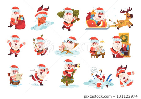 Funny cartoon santa. Cute claus characters set, xmas noel old man in christmas hat cap with gifts bag white beard new year mascot winter holiday present, classy vector illustration 131122974