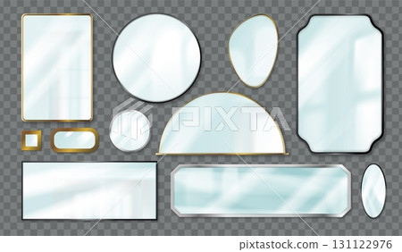 Realistic mirrors. Mirror frame reflect light, glass reflection effect frames round circle square oval shape hanging on bathroom wall home furniture, set exact vector illustration 131122976