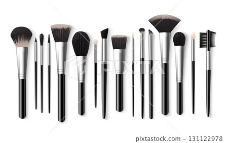 Realistic cosmetic brushes. Makeup brush for eyeshadow, powder blush face foundation eyelashes eyebrow eye shadow brow make up tool paintbrush beauty set exact vector illustration 131122978