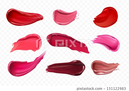 Realistic lipstick smear. Lip balm gloss swatch, nail polish paint red cream pink smudge smear blush brush makeup touch texture lipgloss splash, beauty exact vector illustration Realistic lipstick smear. Lip balm gloss swatch, nail polish paint red cream pink smudge smear blush brush makeup touch texture lipgloss splash, beauty exact vector illustration 131122983