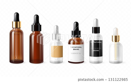 Cosmetic dropper. Realistic droppers with pipette, amber glass bottles serum skincare or eye drop medicine oil apothecary cosmetics product mockup, 3d exact vector illustration Cosmetic dropper. Realistic droppers with pipette, amber glass bottles serum skincare or eye drop medicine oil apothecary cosmetics product mockup, 3d exact vector illustration 131122985