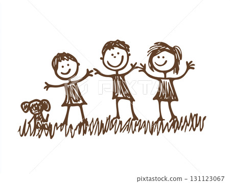 A whimsical child-like drawing of a boy and a girl playing with a dog in a grassy field under the sun. 131123067