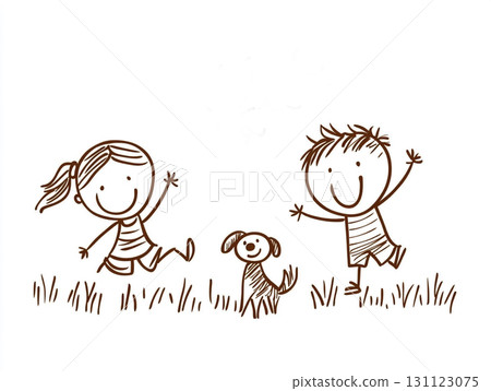 A whimsical child-like drawing of a boy and a girl playing with a dog in a grassy field under the sun. 131123075