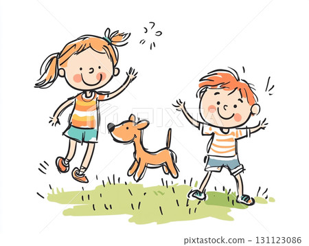 A whimsical child-like drawing of a boy and a girl playing with a dog in a grassy field under the sun. 131123086