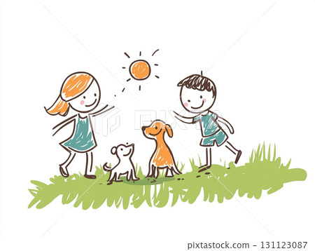 A whimsical child-like drawing of a boy and a girl playing with a dog in a grassy field under the sun. 131123087