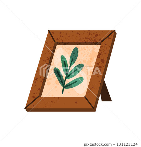 Vector icon of framed flora or table decoration. Interior botanical ornament. House or home indoor decor. Herbarium leaf or wood, forest twig. Nature framed or foliage display, natural desktop plant. 131123124