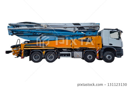 This specialized concrete pump showcases a large, modern truck featuring an extended boom. It is positioned at a construction site ready to pump liquid concrete for building projects. This specialized concrete pump showcases a large, modern truck featuring an extended boom. It is positioned at a construction site ready to pump liquid concrete for building projects. 131123130