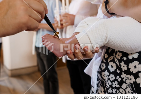 Baby Christening Foot Anointing Ritual with Holy Oil: Orthodox Ceremony, White Robes, Feet Focus, Close-Up, Religious Tradition, Soft Lighting 131123180