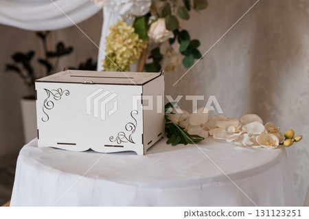 Elegant White Wedding Card Box with Decorative Floral Arrangement for Reception Table, Rustic Chic Event, Gift Collection, Ivory Tones. 131123251