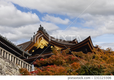 Curved rooftops with golden detailing at Kiyomizudera Temple in Kyoto partly hidden by autumn maples 131123306