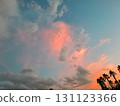 As the day comes to an end, a beautiful sunset colors the sky with shades of pink and blue. Palm trees stand quietly, completing this tranquil evening scene in a tropical location. 131123366