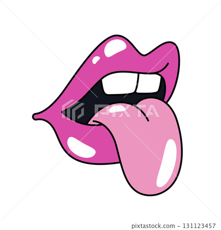 Woman lips with lipstick and tongue. Vector pop art icon with sexual female mouth. Sensual kiss symbol. Lady makeup expression. Girl fashion and beauty pop art element. Retro cartoon makeup sign. 131123457
