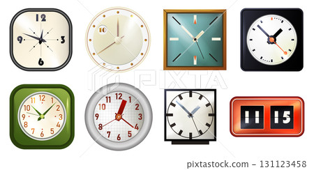 Set of vector realistic clock. Table retro timepiece collection. Isolated digital and analog watch. Round or square time face with hands. Icon of alarm dial. Indoor timer display. Decorative wall item 131123458