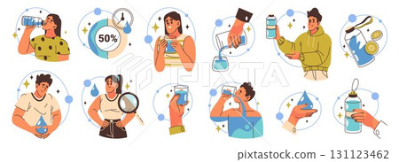 Set of water daily routine and drinking icons. Vector fluid consumption and drink infographic elements. Hydration and healthcare, drink balance and nutrition habit, healthy lifestyle sign. H2O liquid. Set of water daily routine and drinking icons. Vector fluid consumption and drink infographic elements. Hydration and healthcare, drink balance and nutrition habit, healthy lifestyle sign. H2O liquid. 131123462
