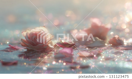 Rose petals drifting on water with soft sunlight in a tranquil setting 131123475