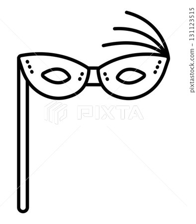 Simple masquerade mask with a stick and feathers, vector black line icon, illustration Simple masquerade mask with a stick and feathers, vector black line icon, illustration 131123515