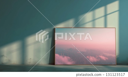 Artwork featuring a city skyline at sunset leaning against a wall 131123517