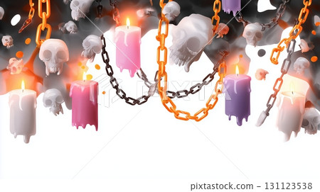 Decorative skulls and colorful candles create an eerie atmosphere for Halloween celebrations 131123538