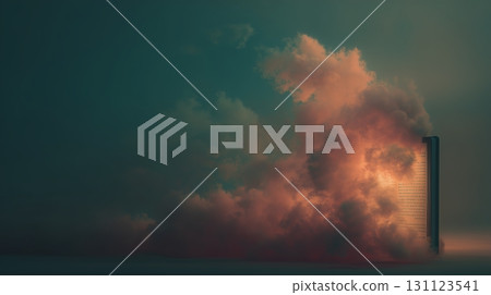 Clouds rise dramatically around a towering structure at sunset in an urban environment 131123541