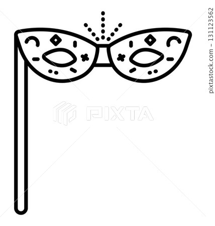 Eye masquerade mask in memphis style with a stick, vector black line icon, simple illustration Eye masquerade mask in memphis style with a stick, vector black line icon, simple illustration 131123562