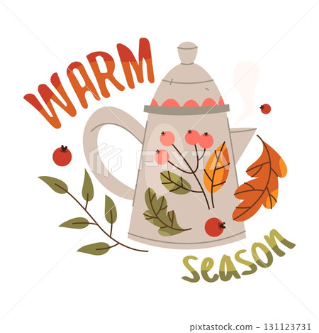 Fall autumn card with kettle for hot drink. Vector warm greeting with teapot for coffee. Beverage for September celebration or thanksgiving invitational sign. Holiday rustic clipart for tea party. 131123731