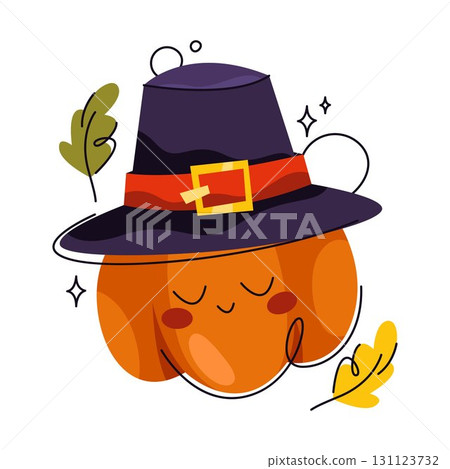 Vector pumpkin in pilgrim hat. Thanksgiving character with smiling face or Halloween holiday vegetable mascot. Harvest and farm food festive decoration. Autumn and fall celebration gourd element. Vector pumpkin in pilgrim hat. Thanksgiving character with smiling face or Halloween holiday vegetable mascot. Harvest and farm food festive decoration. Autumn and fall celebration gourd element. 131123732