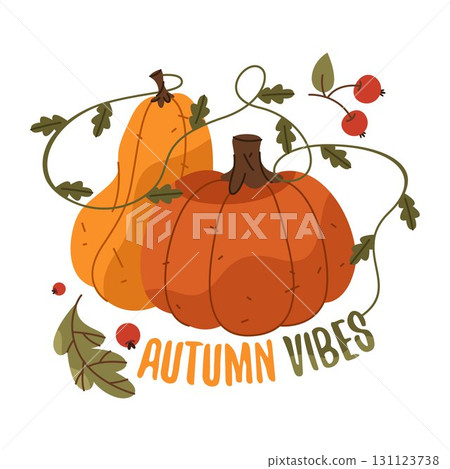 Vector halloween poster with pumpkin. Autumn harvest placard or seasonal agriculture sign with vegetable and leaves, fall mood or vibe text. Season holiday and celebration. Vegetable and nature 131123738