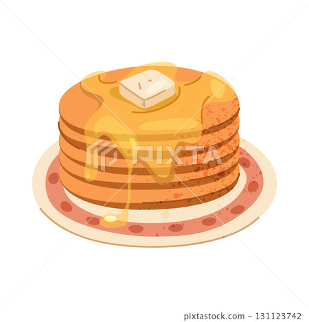 Fluffy or buttermilk pancake. Vector milk cake with honey or maple syrup, butter. Breakfast food pile on plate or brunch dessert stack with topping. Cafe or restaurant menu, recipe element. Treat. 131123742