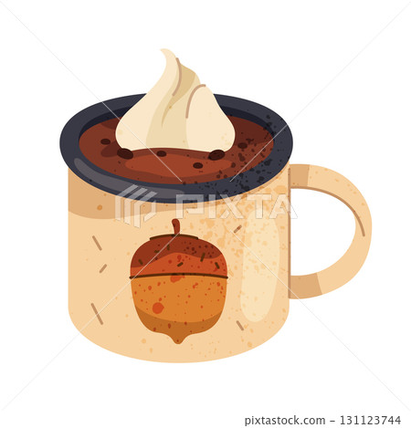 Hot chocolate drink with cream in cup. Vector winter or autumn beverage with cocoa and whipped marshmallow. Dessert or treat in mug. Fragrant cafe snack. Recipe or menu element. Flat clipart for fall. 131123744