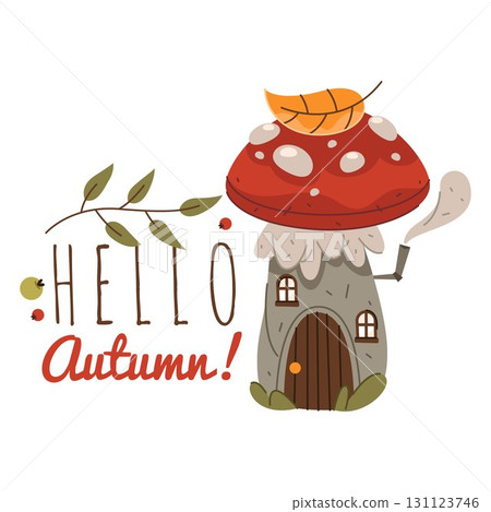 Hello autumn poster with mushroom. Vector fall or seasonal greeting or invitation placard. Rustic card with fungi or red shroom. Forest or wood nature symbol. September badge with fungus. Thanksgiving 131123746