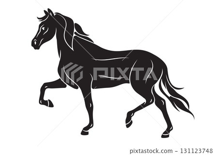 Side view on running horse. Vector animal gallop or equestrian race or sport, athletic mammal. Purebred mare or racehorse silhouette. Broodmare trot or outdoor equine gait. Freedom, wildlife, nature. 131123748
