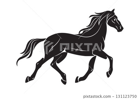 Running horse or galloping animal. Vector mammal gait. Mane action silhouette. Race broodmare gait. Wildlife and nature outdoor icon. Stallion with mane, hoof, tail. Fast racehorse motion. Speed. 131123750