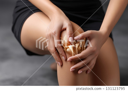 Woman hands holding a painful knee detail 131123795