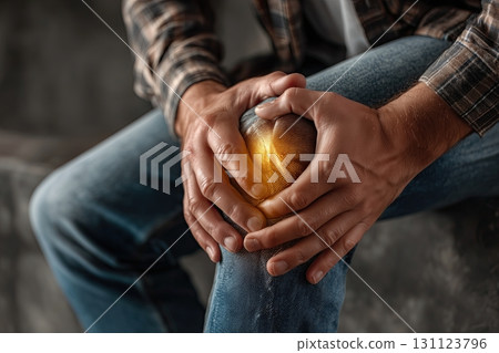 Man hands holding a painful knee detail 131123796