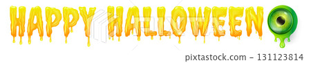 Happy halloween orange text with liquid orange slime and zombie green eye isolated on white background. Wide happy halloween banner, poster, flyer and poster with melting text and monster eyeball 131123814