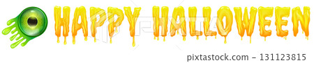 Happy halloween orange text with liquid orange slime and zombie green eye isolated on white background. Wide happy halloween banner, poster, flyer and poster with melting text and monster eyeball 131123815