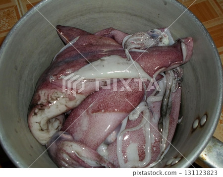 A Metal Pot Filled with Fresh Squid Ready for Cooking on a Checkered Surface in a Kitchen 131123823