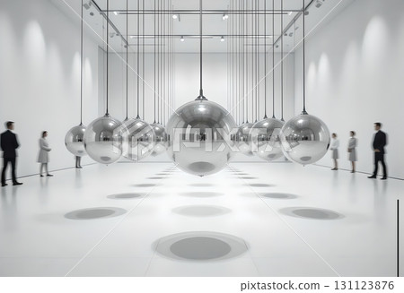 Reflecting spheres suspended in a minimalist white gallery. 131123876