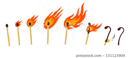 The combustion cycle of a match, linear timeline. Flat color illustration on a white background. The concept of burnout. The combustion cycle of a match, linear timeline. Flat color illustration on a white background. The concept of burnout. 131123909