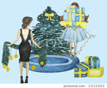 Watercolor Christmas set of hand painted elements isolated on white background. A  fireplace, christmas tree ahd garlands, wreath, women with gifts, boxes with gifts. 131123913