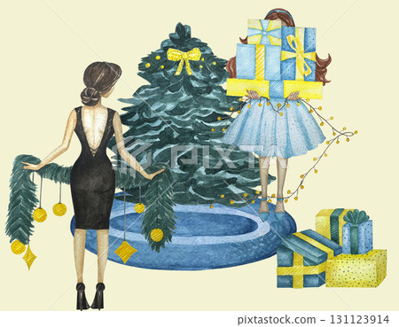 Watercolor Christmas set of hand painted elements isolated on white background. A  fireplace, christmas tree ahd garlands, wreath, women with gifts, boxes with gifts. 131123914