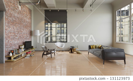 Spacious modern living room in an industrial loft apartment. Interior with an exposed brick wall and copy space. 3D rendering. Spacious modern living room in an industrial loft apartment. Interior with an exposed brick wall and copy space. 3D rendering. 131123973