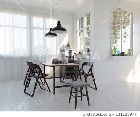 Modern Scandinavian dining room interior with a wooden table. Bright white kitchen with contemporary furniture and decor. 3D rendering. Modern Scandinavian dining room interior with a wooden table. Bright white kitchen with contemporary furniture and decor. 3D rendering. 131123977