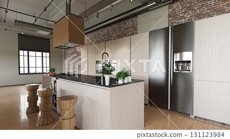 Modern industrial loft kitchen with a large island and wooden cabinets. Contemporary home interior design and architectural visualization. 3D rendering. 131123984